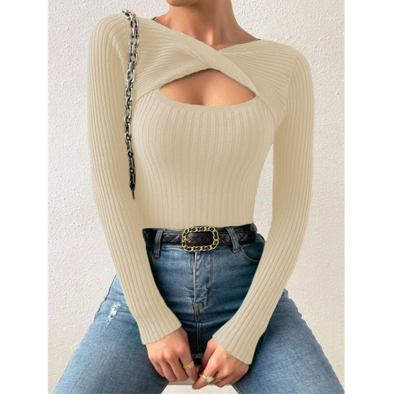 Apricot ribbed knit crewneck long-sleeve pullover sweater with chest cutout