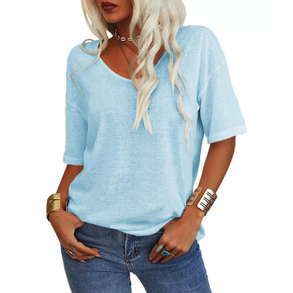 Loose lightweight minimalist T-shirt, sky blue, short sleeves, scoop neck