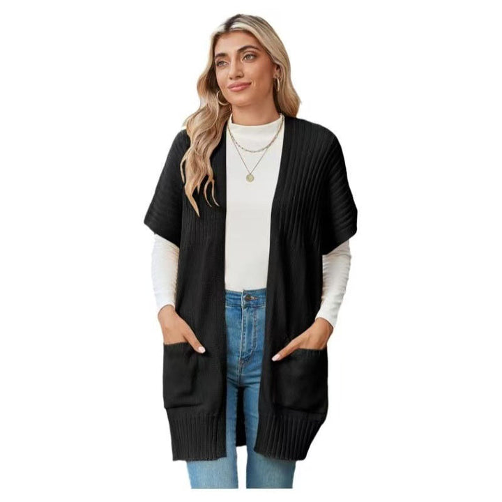 Lightweight open-front knit cardigan in black with patch pockets and ribbed hem