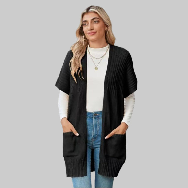 Black open-front knit cardigan with ribbed hem and large patch pockets