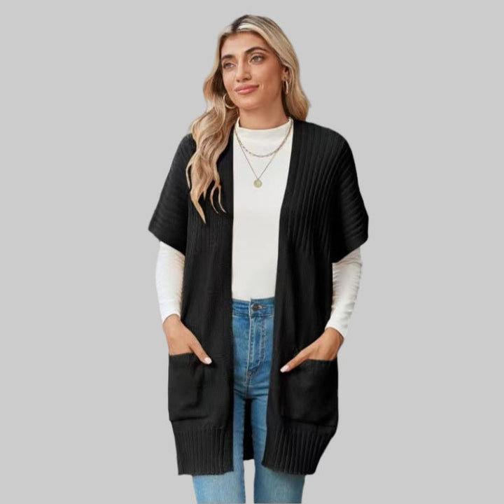 Black open-front knit cardigan with ribbed hem and large patch pockets