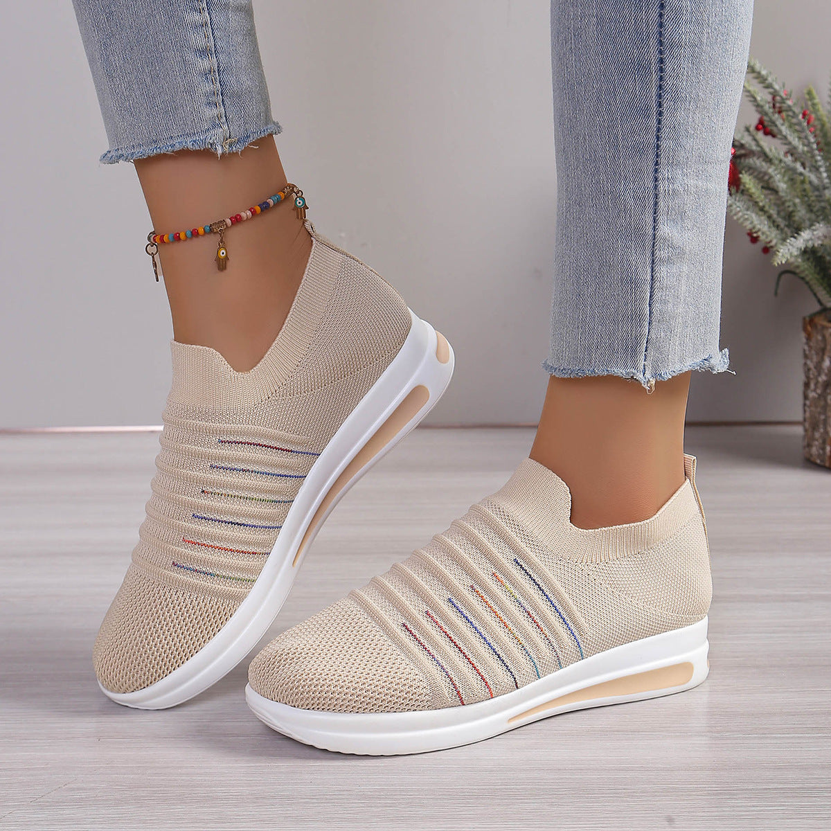 OLIVIA comfortable sneakers, beige knit slip-on with striped trim and white sole