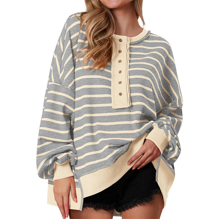 Oversized striped sweatshirt, heather gray with tan contrast placket and long sleeves