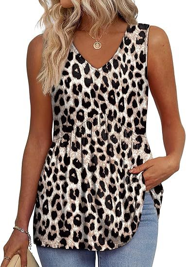 Sleeveless flowy tank top with V-neck, cream fabric with black leopard print