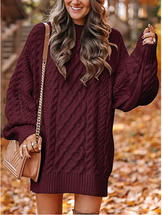 EMORY™ oversized knit sweater, burgundy cable knit, round neck, ribbed hem and cuffs