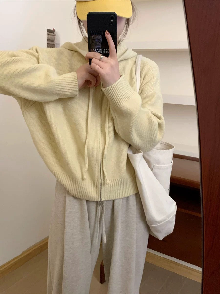 Hooded zip-up cardigan with drawstring hood, cream knit sweater