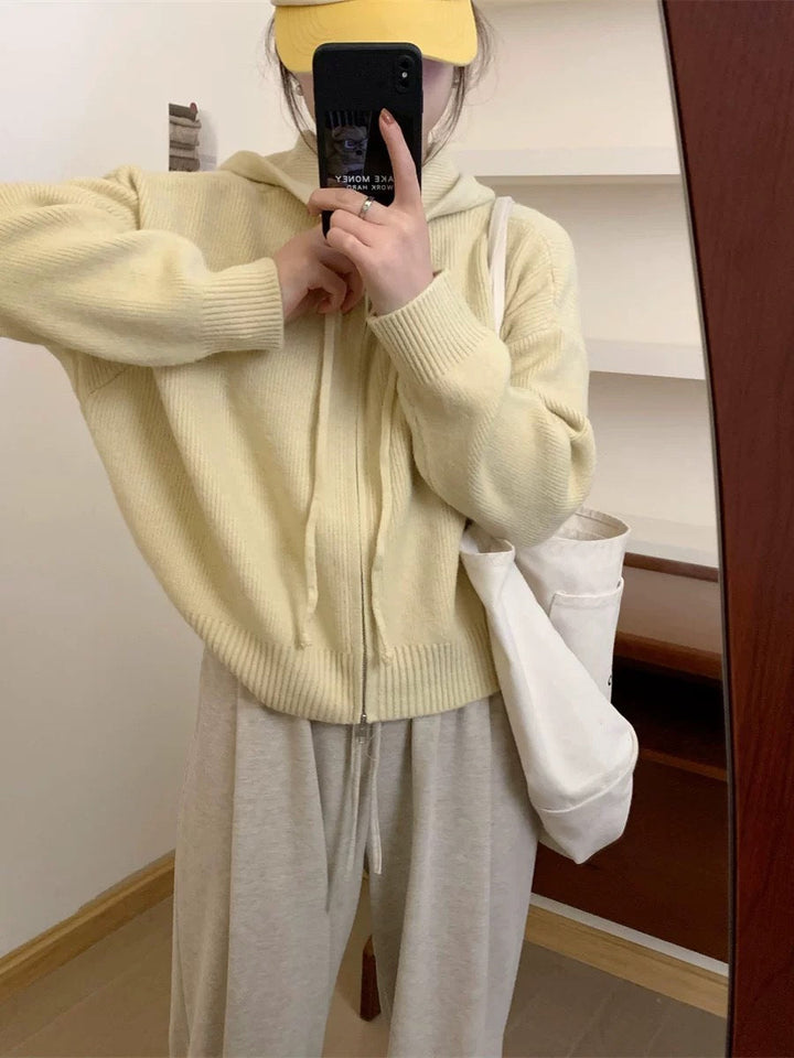 Hooded zip-up cardigan with drawstring hood, cream knit sweater