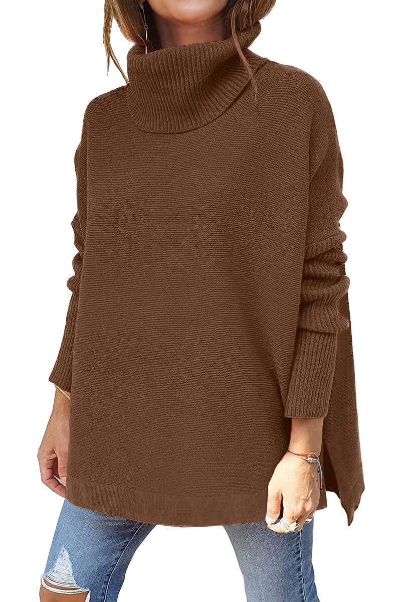 Brown modern turtleneck jumper with ribbed high neck and long sleeves