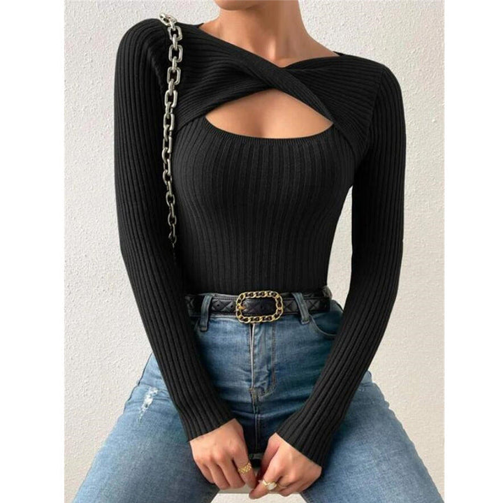 Black ribbed knit crewneck long-sleeve pullover sweater with chest cutout