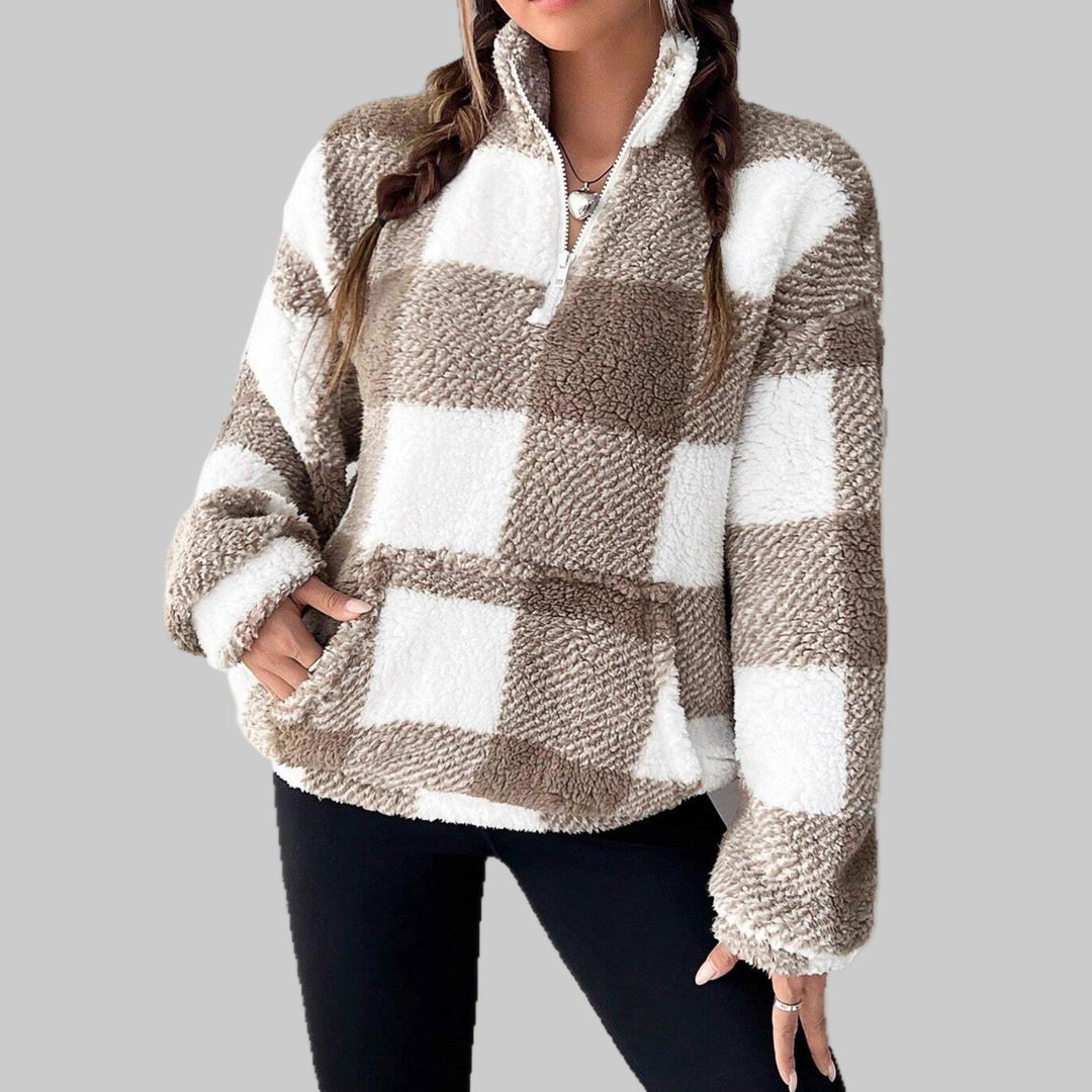 Tan plaid fleece pullover with half-zip neck, white square blocks, long sleeves