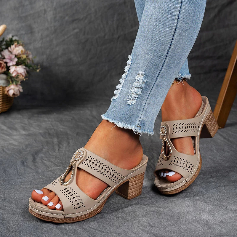 Abby orthopedic sandals, khaki perforated straps, block heel, side jeweled charm