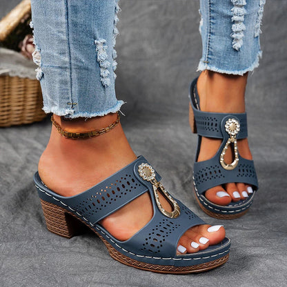 Abby orthopedic sandals, blue perforated straps, block heel, jeweled ring clasp