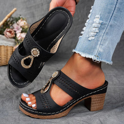Abby orthopedic sandals, black perforated upper, block heel, jeweled side clasp