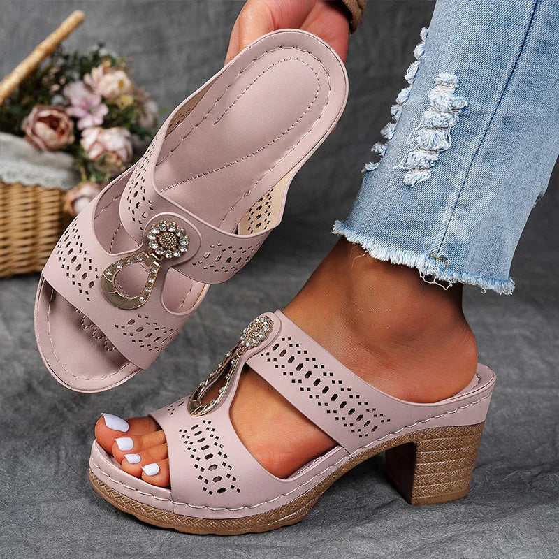 Lilac orthopedic sandals with perforated upper and jeweled strap hardware