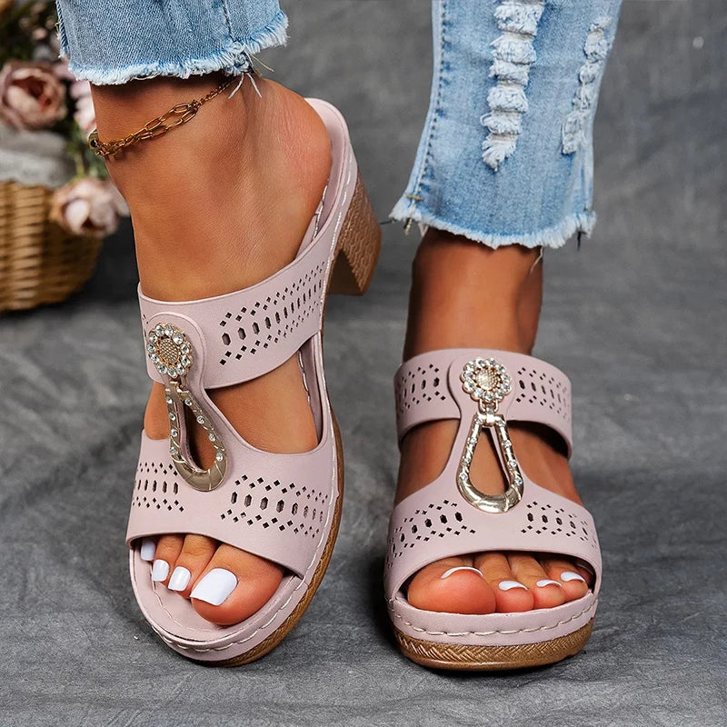 Lilac orthopedic sandals with perforated upper and jeweled back strap detail