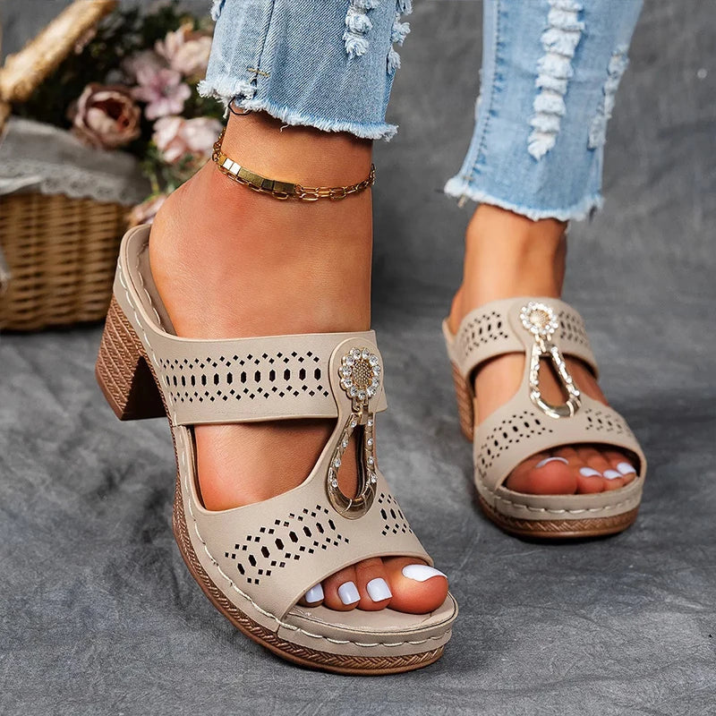 Khaki orthopedic sandals with perforated straps and jeweled decorative buckle