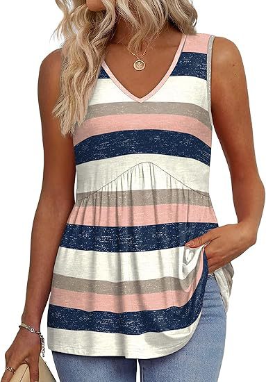 Navy, beige, and pink striped sleeveless V-neck flowy tank top with gathered waist