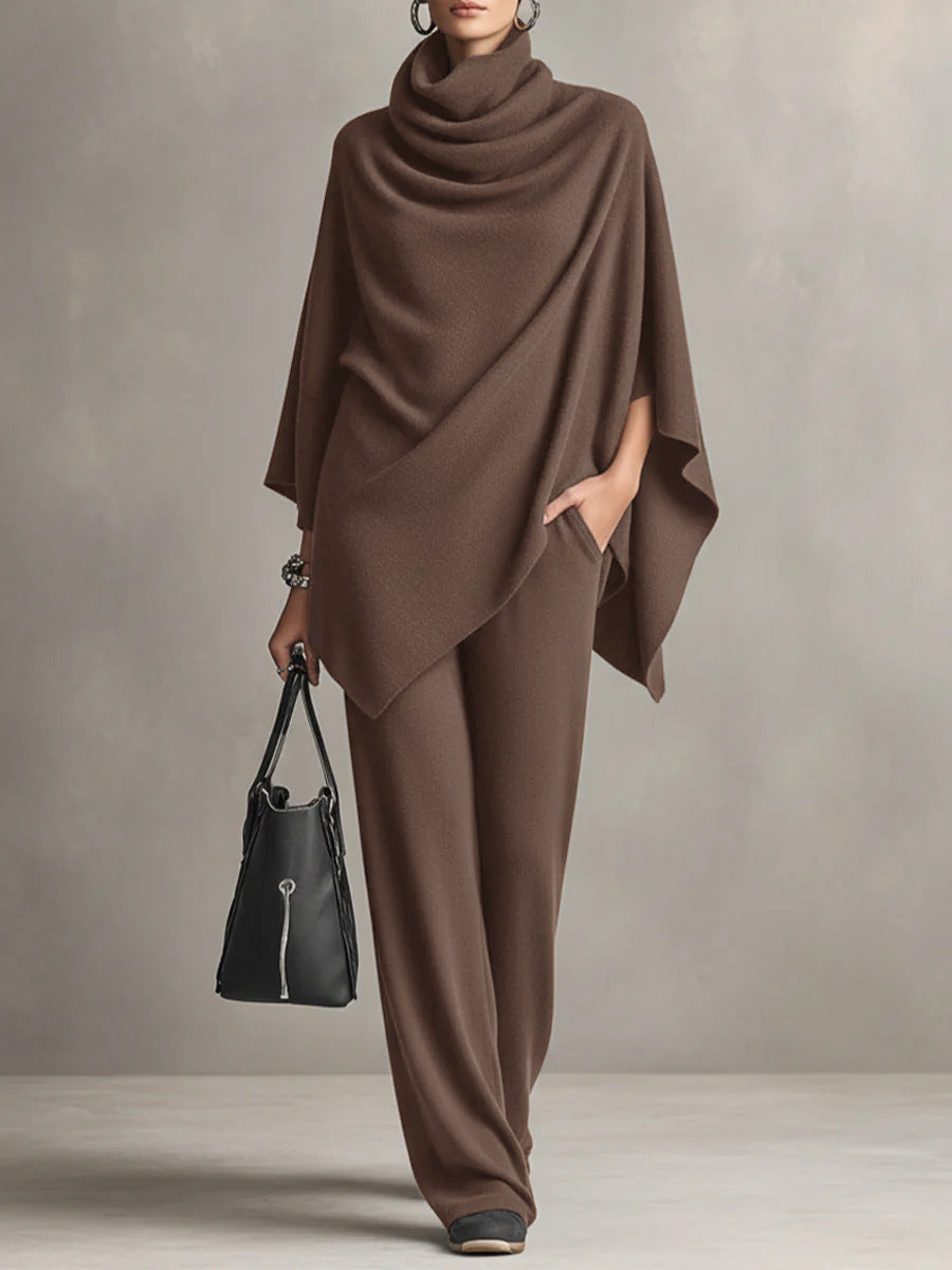 Brown cowl-neck draped top and wide-leg trousers set with flowing poncho hem