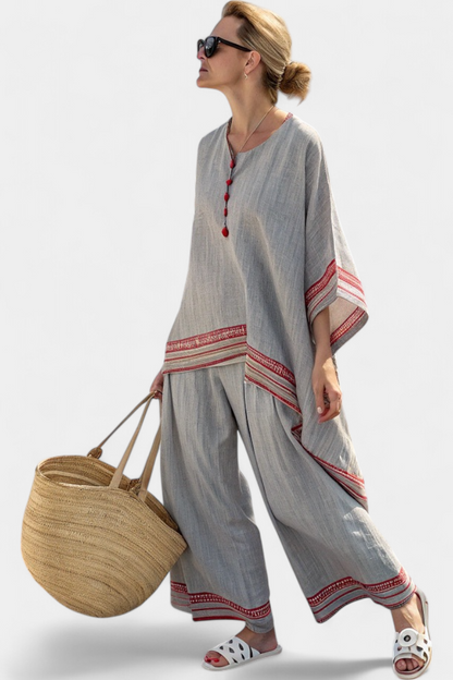 Asymmetric blouse and wide-leg trousers set, gray with red striped cuffs and hem