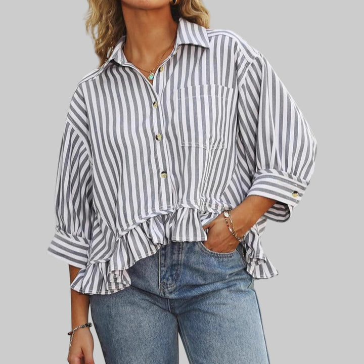 Ruffled button-down blouse with vertical gray stripes, button front, 3/4 sleeves