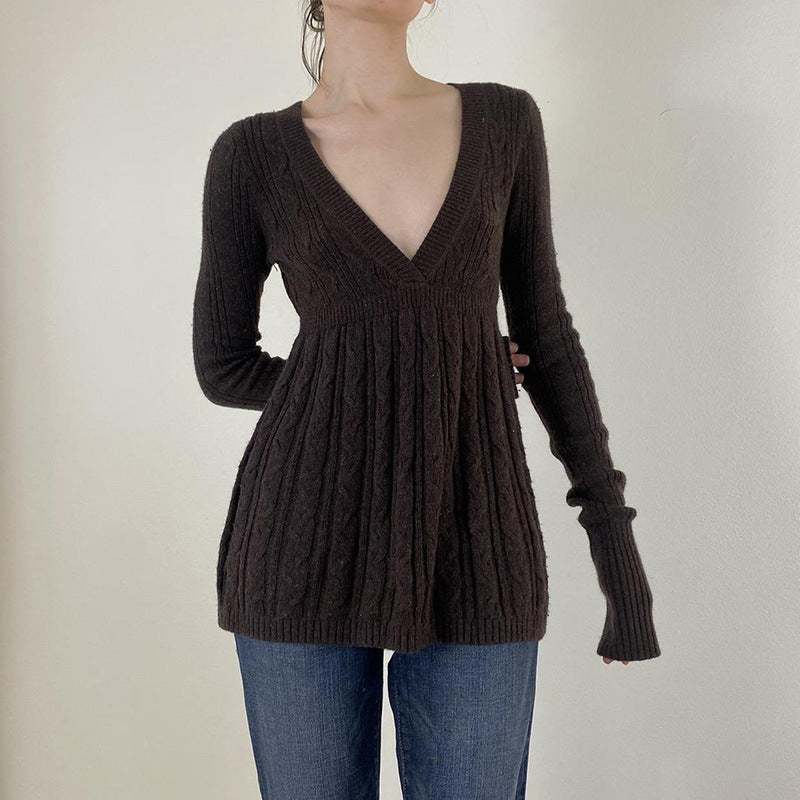 Dark brown V-neck long-sleeve sweater with ribbed knit and A-line waist
