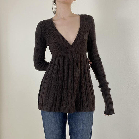 Dark brown V-neck long-sleeve sweater with ribbed knit and A-line waist