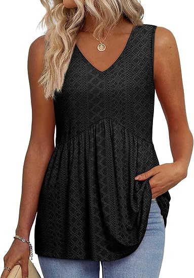 Black patterned sleeveless V-neck flowy tank top with gathered waist and ruffled hem