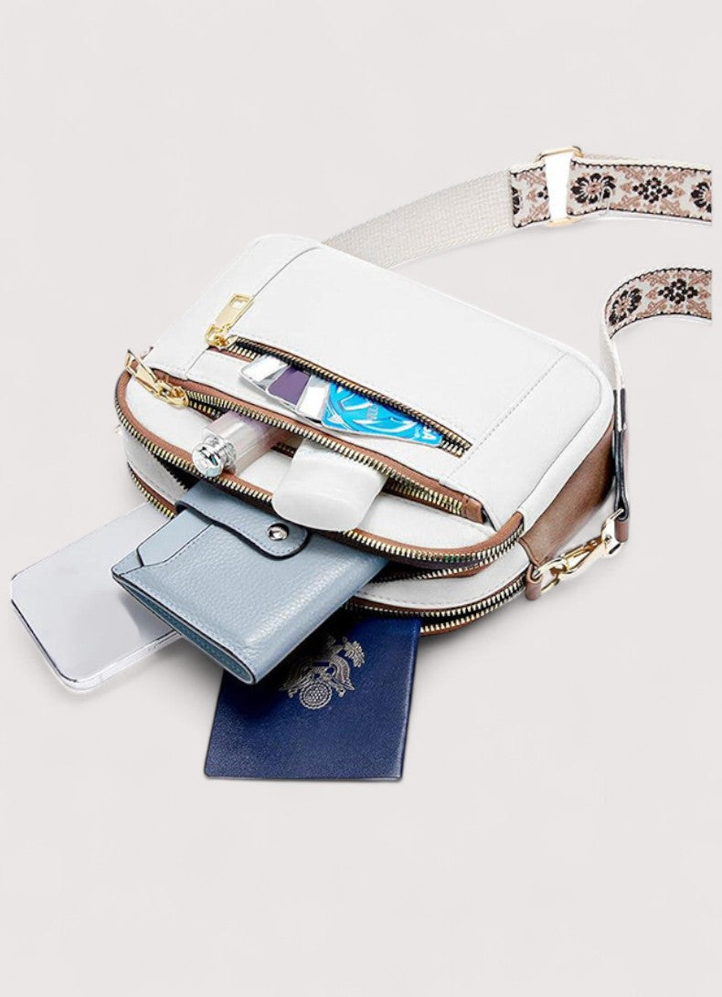 White lightweight crossbody bag with patterned strap, zip top, and card-and-pocket view.