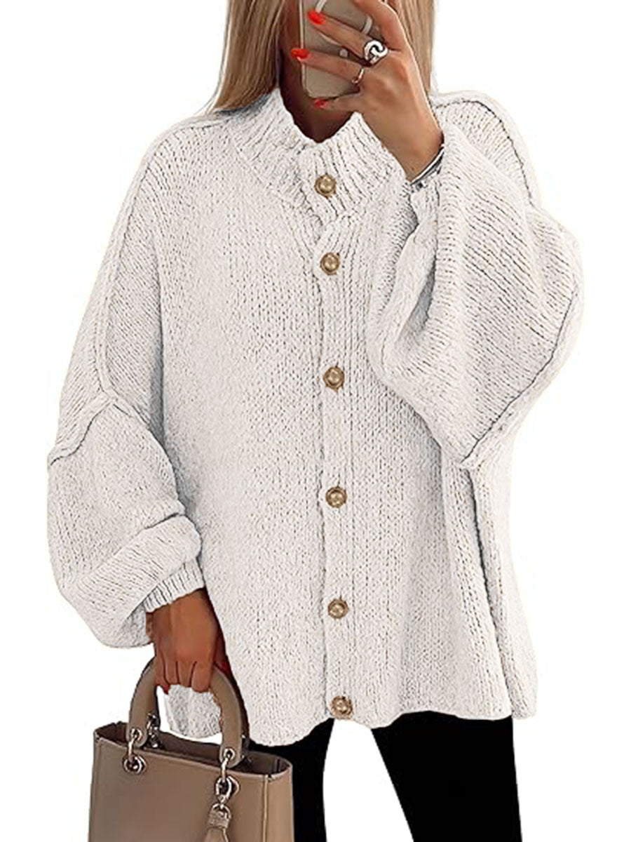Cozy button-down long sleeve chunky knit jacket in off-white with gold buttons