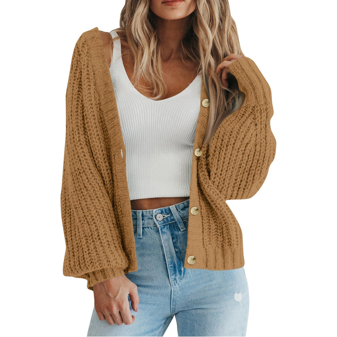 Cozy knit cardigan sweater, camel tan, open front with button placket and ribbed cuffs