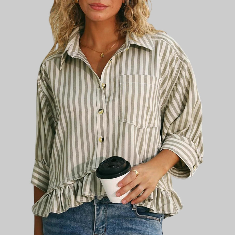 Ruffled button-down blouse with olive & cream stripes, button front, front pocket