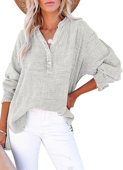 Women’s casual V-neck blouse, long sleeves, button-front, textured light grey fabric