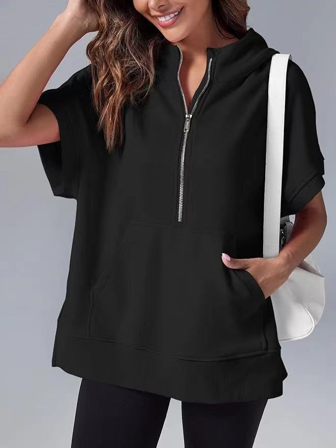 Black relaxed oversized half-zip summer hoodie with hood and kangaroo pocket