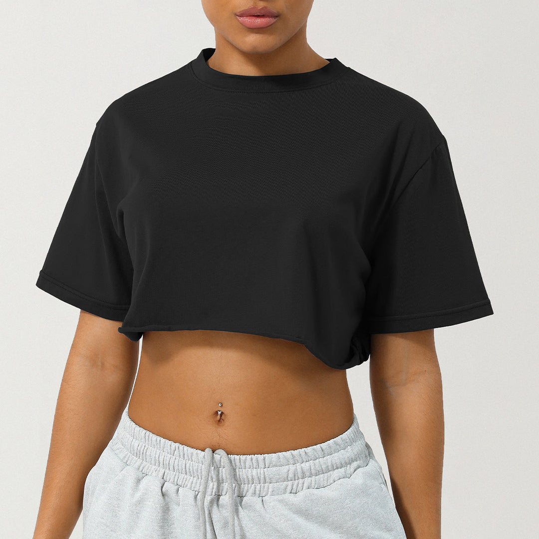 Black relaxed-fit crop tee with crew neck and short sleeves