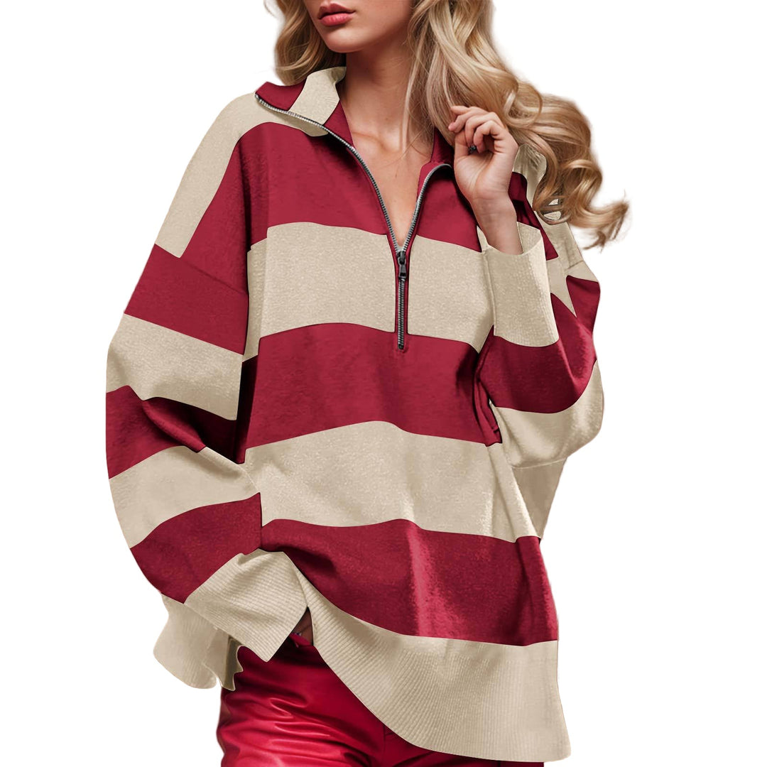 Long-sleeve pullover sweater with half-zip, cream and burgundy bold stripe pattern.