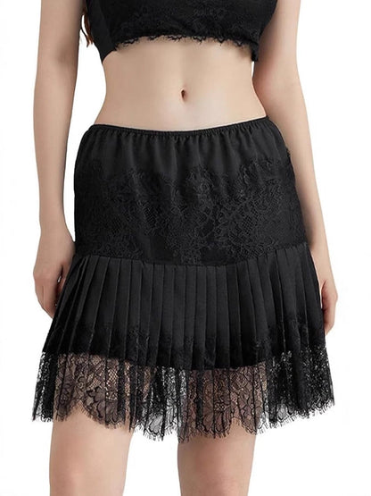 Black lace mini skirt with elastic waist and tiered pleated ruffle hem