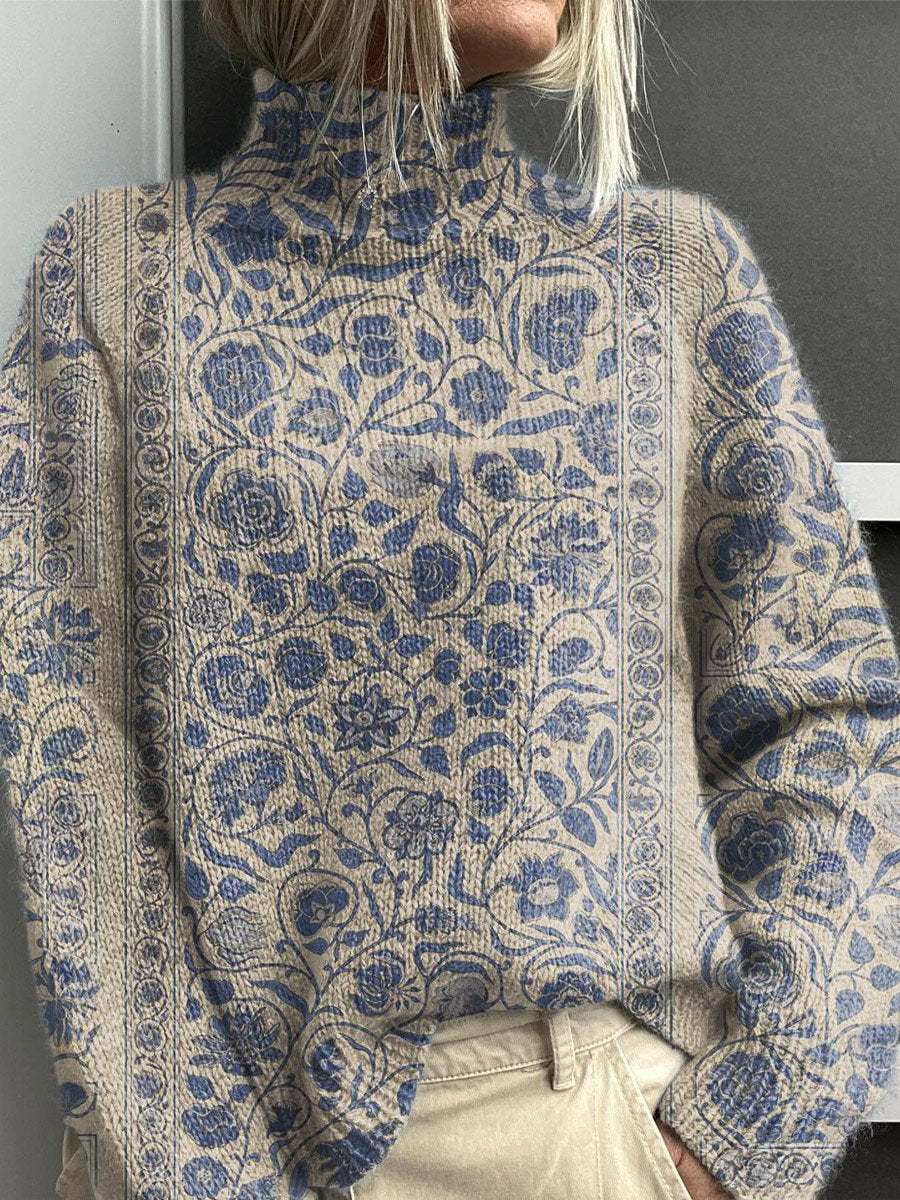 Turtleneck sweater in light heather blue with blue ornate damask pattern