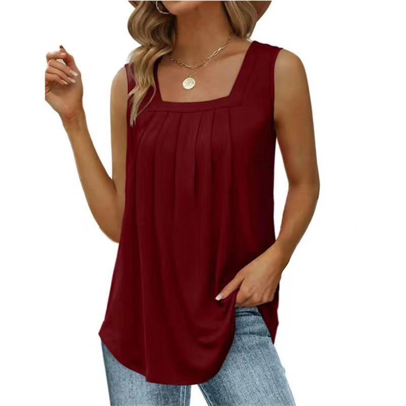 Claret sleeveless tank top with square neckline and pleated front
