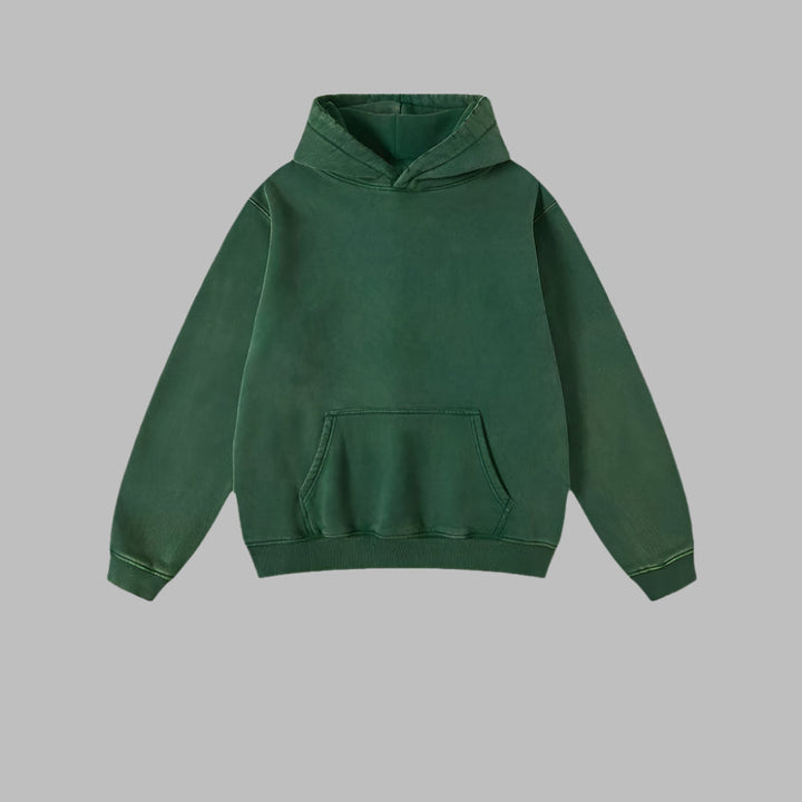 Green oversized hoodie with hood and front kangaroo pocket, ribbed cuffs and hem