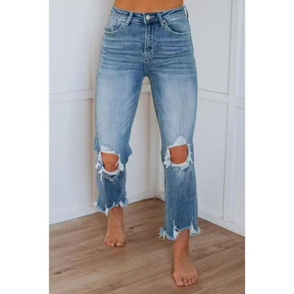 Medium blue washed slim-fit ripped jeans with side knee rips and frayed cuffs