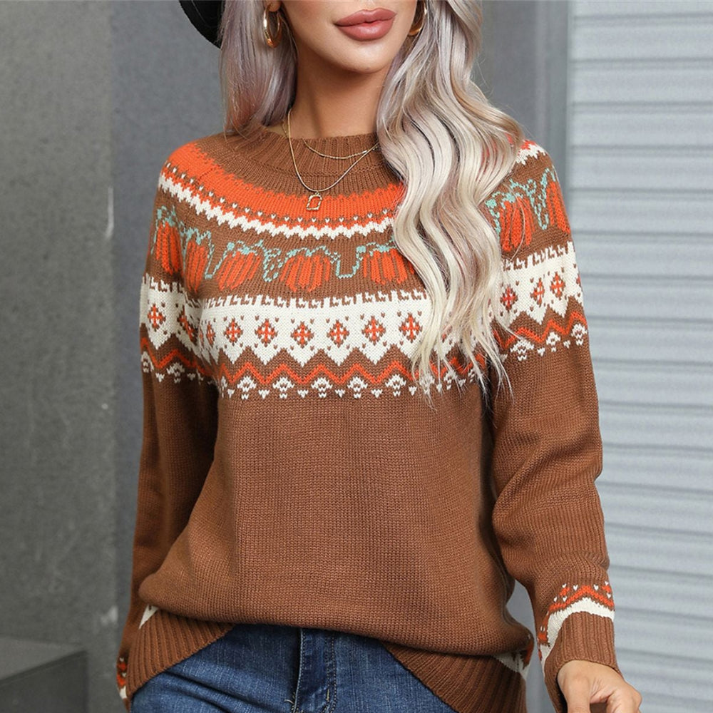 Brown round-neck pumpkin pullover sweater with orange fair isle yoke and striped cuffs