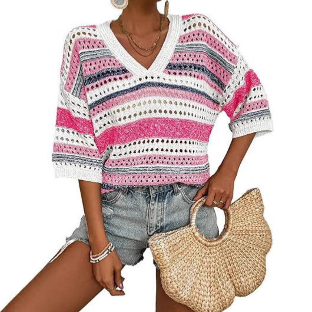 KELISE™ striped crochet V-neck summer top in cream and pink stripe tones