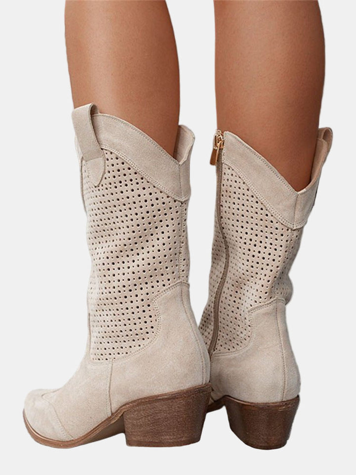 Beige perforated ankle boots with zip on back and block heel
