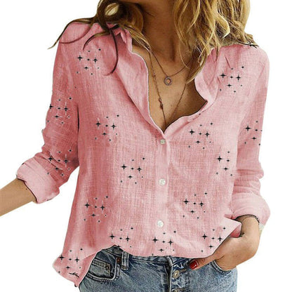 Pink women’s button-front blouse with star print, V-neck and long sleeves