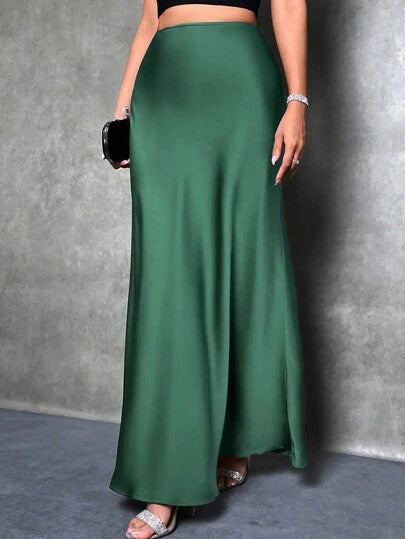 Satin high-waist maxi skirt, army green, fluid drape and long A-line hem