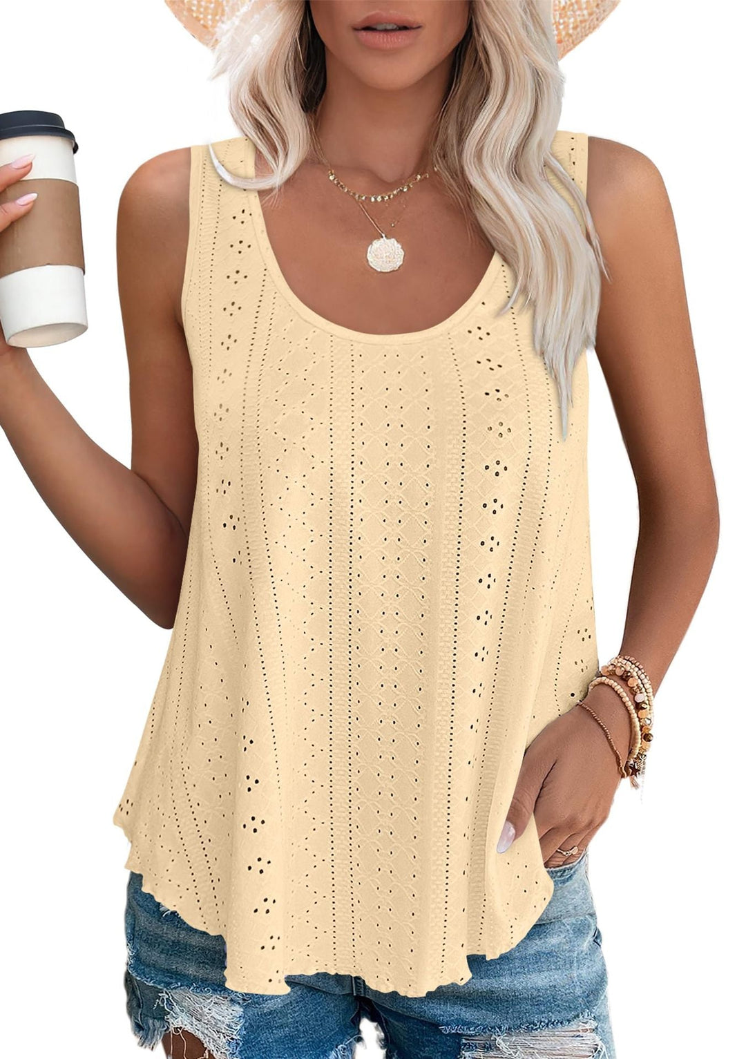 Yellow lightweight summer tank top with scoop neck and eyelet detail, sleeveless