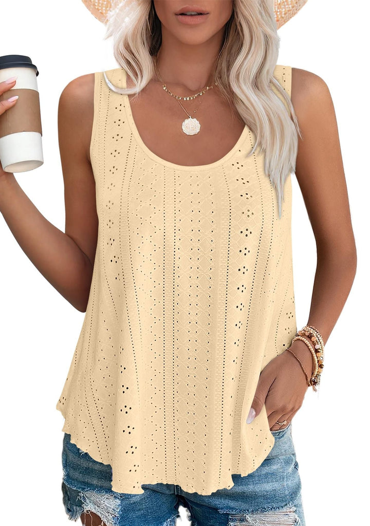 Yellow lightweight summer tank top with scoop neck and eyelet detail, sleeveless