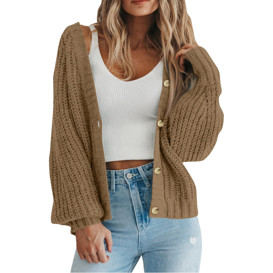 Cozy knit cardigan sweater, camel tan, chunky knit texture with front buttons