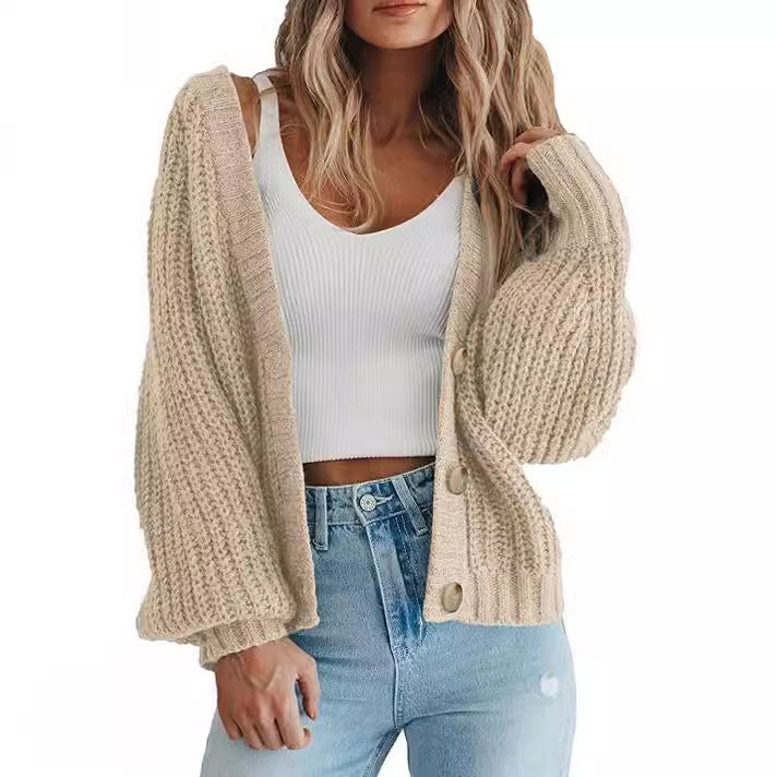 Cozy knit cardigan sweater, light beige, open front with button placket and ribbed cuffs