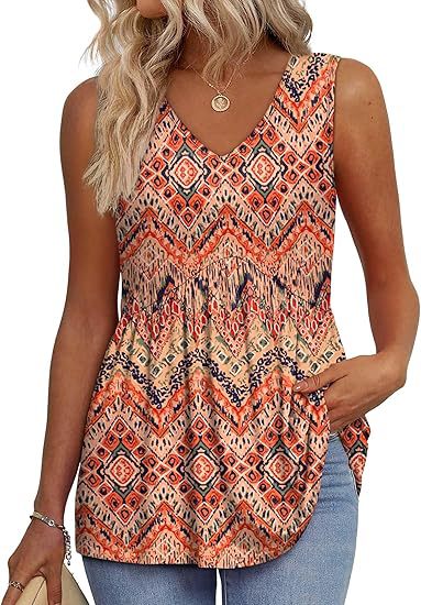 Orange and cream geometric print sleeveless V-neck flowy tank top with gathered waist